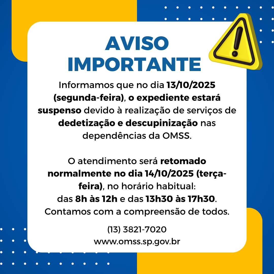 EXPEDIENTE SUSPENSO DIA 13/10/2025, DEVIDO A DEDETIZAÇÃO E DESCUPINIZAÇÃO.